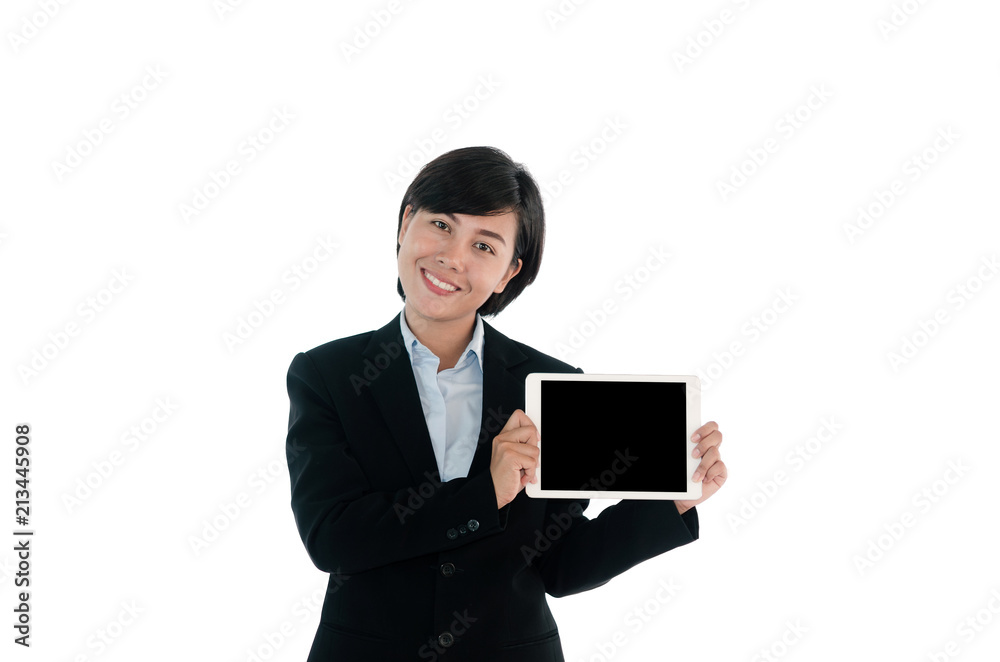 Business woman holding a tablet computer - isolated over a white background Business woman holding a tablet computer - isolated over a white background