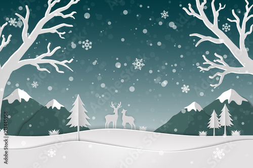 Paper art landscape with deer family and snowflakes in the forest,Icons of winter season abstract background