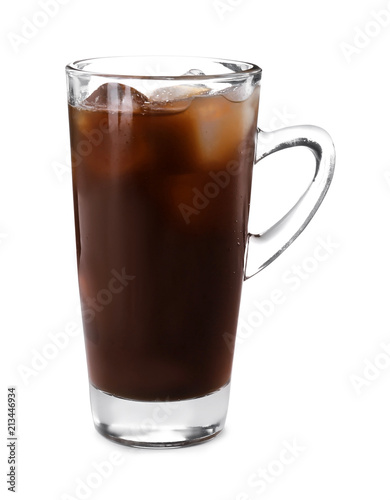 Cup with cold brew coffee on white background