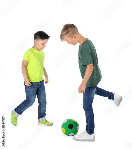 Little children playing soccer on white background. Indoor entertainment