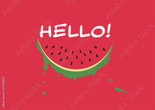 Watermelon slice and inscription HELLO in trendy flat style on red background. Summer symbol for your web site design, logo, app. Vector illustration. photo