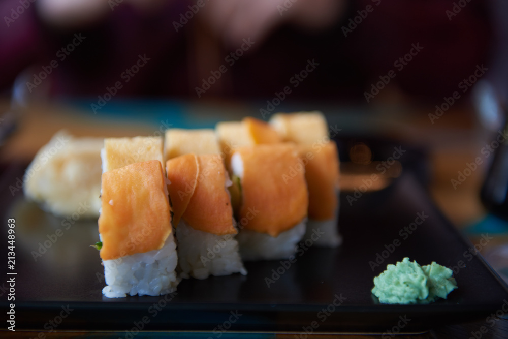 Sushi avocado and kale and wasabi on plate Sushi avocado and kale and wasabi on plate
