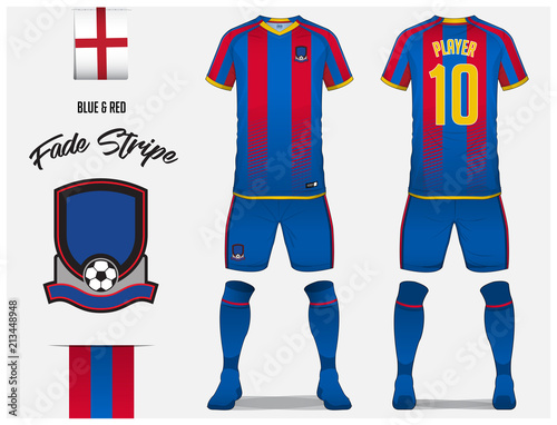 Soccer jersey or football kit template for football club. Blue and red stripe football shirt with sock and short mock up. Front and back view soccer uniform. Football logo and Flag label. Vector.