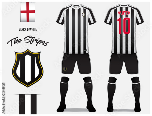 Soccer jersey or football kit template for football club. Black and white stripe football shirt with sock and short mock up. Front and back view soccer uniform. Football logo and Flag label. Vector.