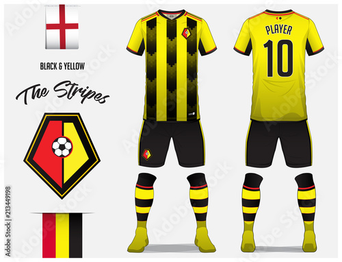 Soccer Jersey Or Football Kit Template For Football Club Yellow Football  Shirt With Yellow Sock And Black Shorts Mock Up Front And Back View Soccer  Uniform Football Logo And Flag Label Stock