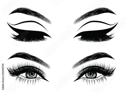 Illustration of woman's sexy luxurious eye with perfectly shaped eyebrows and full lashes. Hand-drawn Idea for business visit card, typography vector. Perfect salon look.