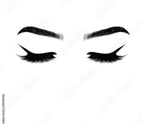 Illustration of woman's sexy luxurious eye with perfectly shaped eyebrows and full lashes. Hand-drawn Idea for business visit card, typography vector. Perfect salon look.