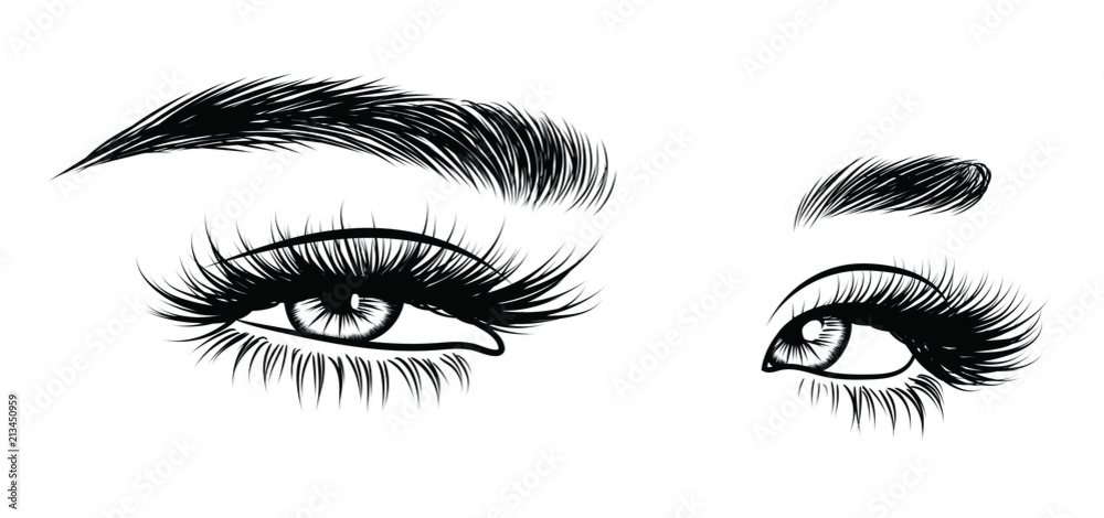 Illustration of woman's sexy luxurious eye with perfectly shaped eyebrows and full lashes. Hand-drawn Idea for business visit card, typography vector. Perfect salon look. Illustration of woman's sexy luxurious eye with perfectly shaped eyebrows and full lashes. Hand-drawn Idea for business visit card, typography vector. Perfect salon look.