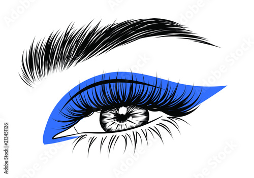 Illustration of woman's sexy luxurious eye with perfectly shaped eyebrows and full lashes. Hand-drawn Idea for business visit card, typography vector. Perfect salon look.