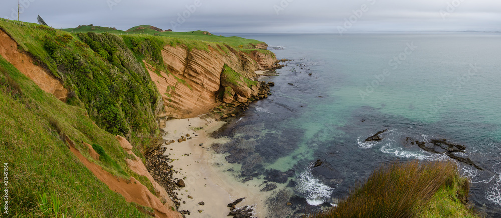 Obraz premium Elevated view of red sandstone cliffs and a small beach on the Chatham Islands, New Zealand. 