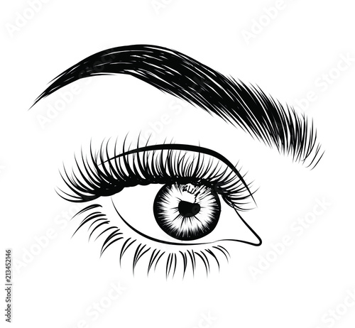 Illustration of woman's sexy luxurious eye with perfectly shaped eyebrows and full lashes. Hand-drawn Idea for business visit card, typography vector. Perfect salon look.