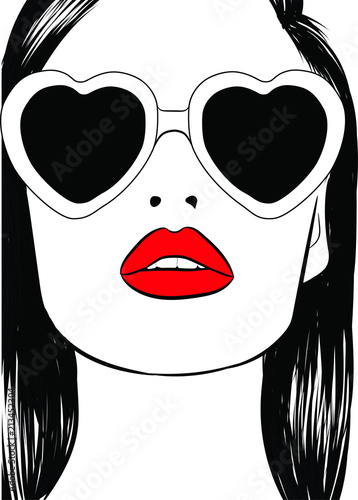 Retro Cat eye sunglasses fashion illustration, 90s style modern renaissance .Stylish girl with big lips and natural makeup. Perfect eyebrows and long eyelashes.Silky healthy short bob hair. Business c