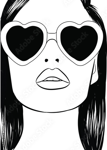 Retro Cat eye sunglasses fashion illustration, 90s style modern renaissance .Stylish girl with big lips and natural makeup. Perfect eyebrows and long eyelashes.Silky healthy short bob hair. Business c