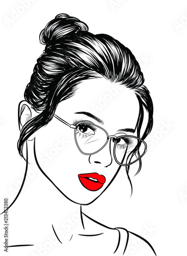 Retro Cat eye sunglasses fashion illustration, 90s style modern renaissance .Stylish girl with big lips and natural makeup. Perfect eyebrows and long eyelashes.Silky healthy short bob hair. Business c