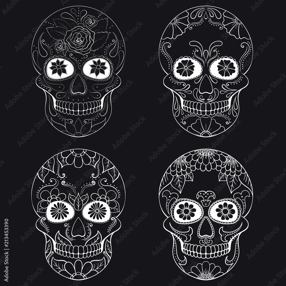 Day of The Dead Skull with floral ornament. Mexican sugar skull set. Vector illustration