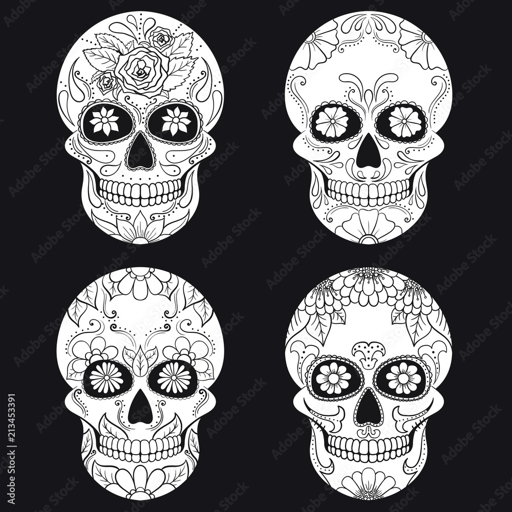 Obraz premium Day of The Dead Skull with floral ornament. Mexican sugar skull set. Vector illustration