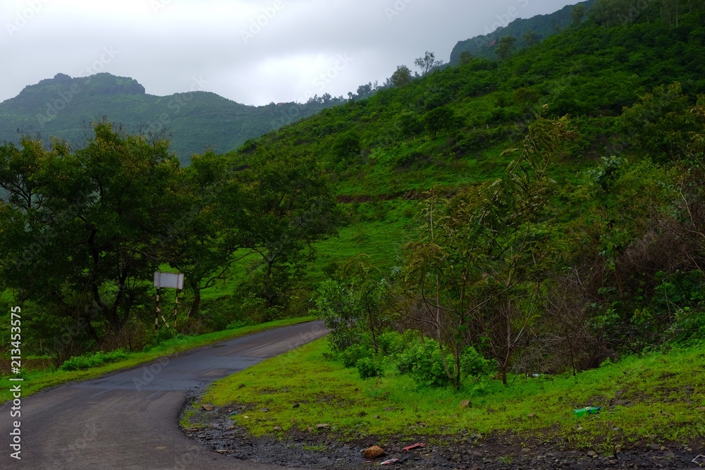 Green landscape surrounded by hills, mountains in monsoon season Green landscape surrounded by hills, mountains in monsoon season
