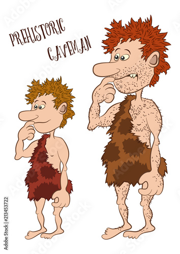 Cartoon Characters, Man and Boy, Father and Son, Prehistoric Caveman in Animal Skin, Isolated on White Background. Vector