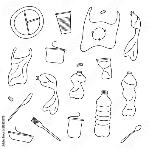 Set of hand drawn plastic trash.