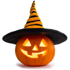 Halloween pumpkin with witches hat