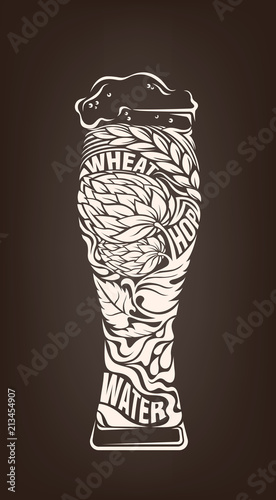 Hand drawn vintage graphic with beer glass and lettering. Vector typography illustration for t-shirt or bag print, badges and logo design.