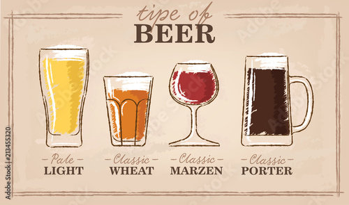 Beer types. A visual guide to types of beer. Various types of beer in recommended glasses. Vector illustration