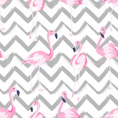 Papier peint photo Chevron patrons Flamants roses chevrons motif estival  © natikka
