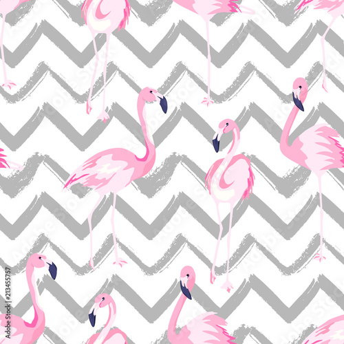 Abstract seamless pattern with exotic flamingo on chevron background. Summer ...