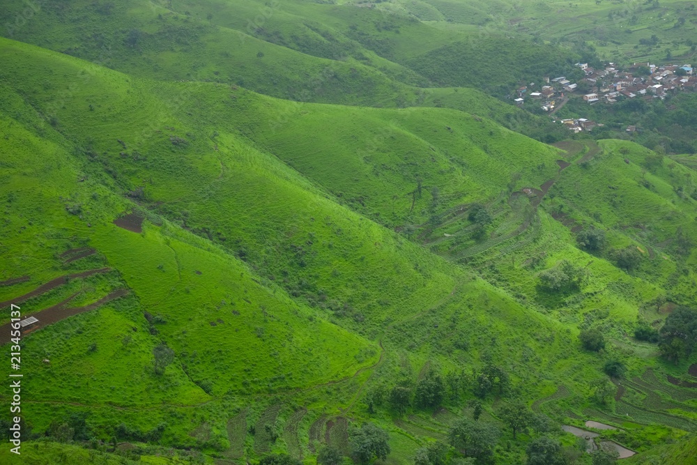 Green landscape surrounded by hills, mountains in monsoon season  - obrazy, fototapety, plakaty 