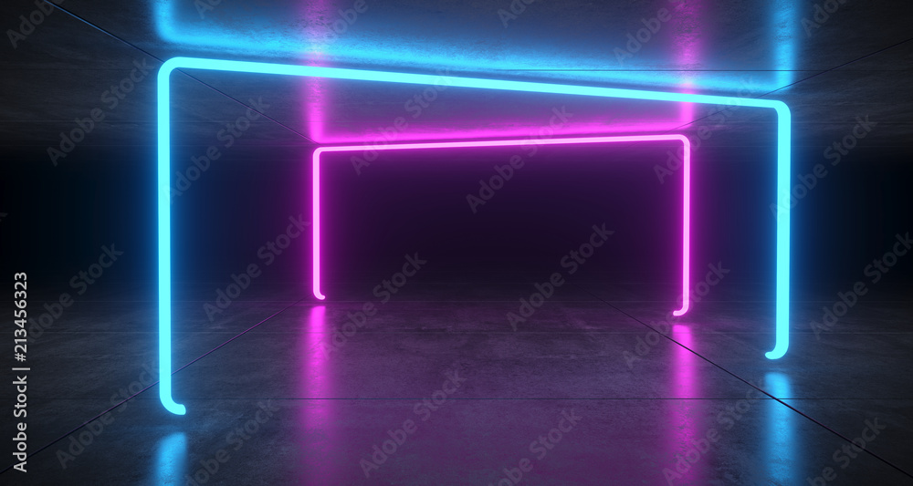 Futuristic Sci Fi Blue And Purple Neon Tube Lights Glowing In Concrete Floor Room With Refelctions Empty Space 3D Rendering