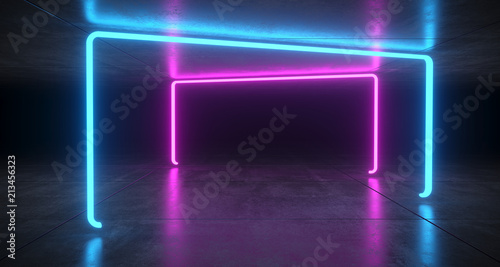 Futuristic Sci Fi Blue And Purple Neon Tube Lights Glowing In Concrete Floor Room With Refelctions Empty Space 3D Rendering