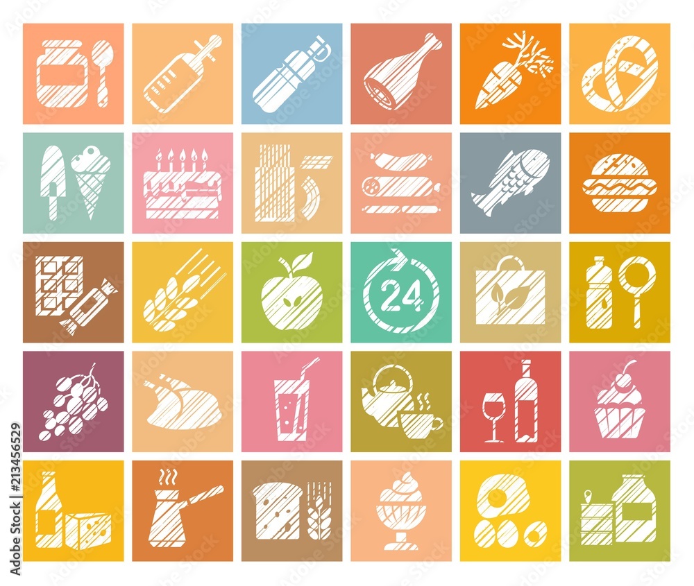 Food, icons, grocery store, pencil shading, colored, vector. Food and drinks, production and sale. Colored square icons with white pattern. Simulation of shading. Vector clip art.  