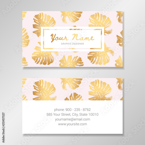 Vector business card template with golden monstera palm leaves on pale pink background and place for your text.