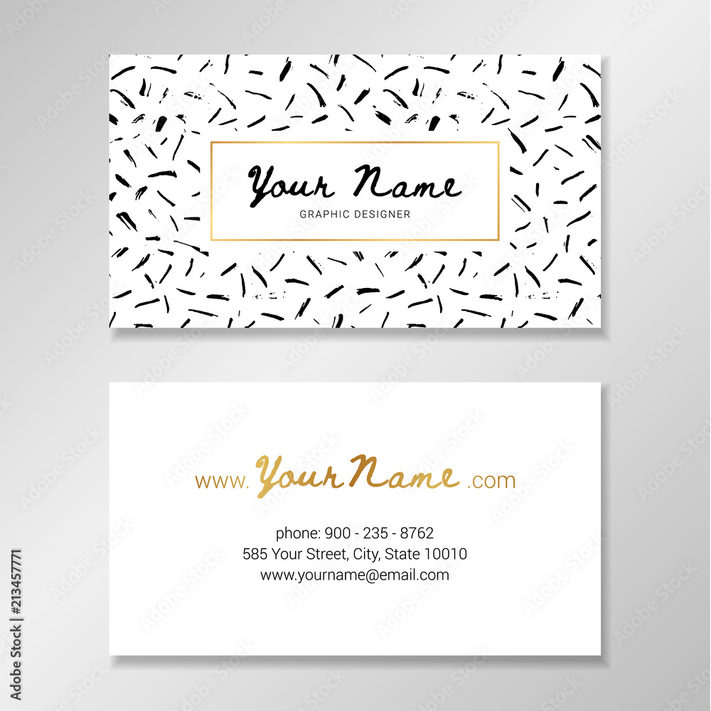 Vector business card template with hand painted brush smears and golden elements.