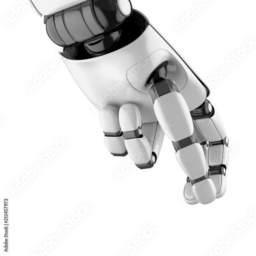 Robot hand holding something and putting it down. 3D rendering.