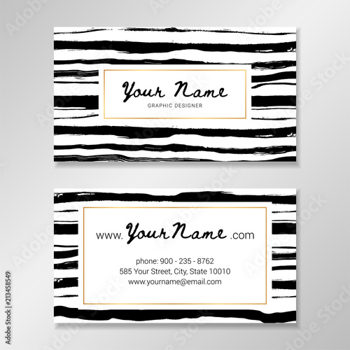 Vector business card template with hand painted  black brush stripes on white background.
