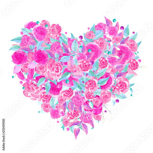A bouquet of roses in the shape of heart. Greeting card. Pink rose.