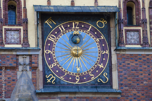 Town Hall building with chiming clock in Wroclaw, Poland