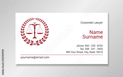 Business card design template with burgundy scales silhouette in a wreath frame on white background.