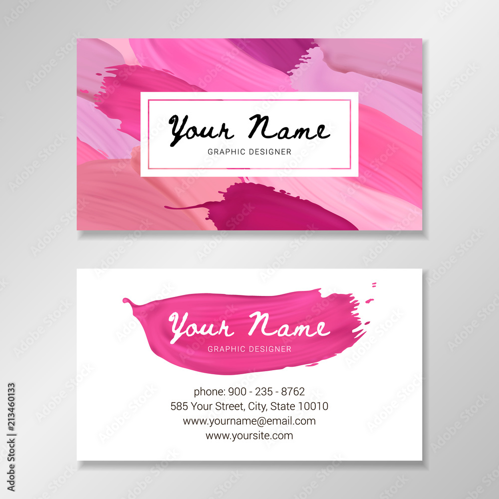 Fototapeta premium Makeup artist business card template with lipstick strokes in different colors. Vector illustration.