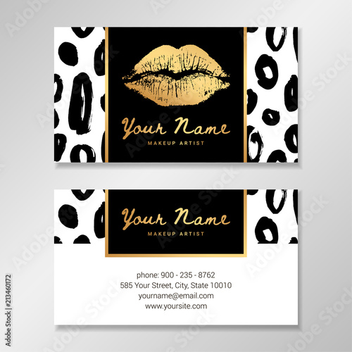 Vector business card template with hand painted brush smears and golden lip imprint.