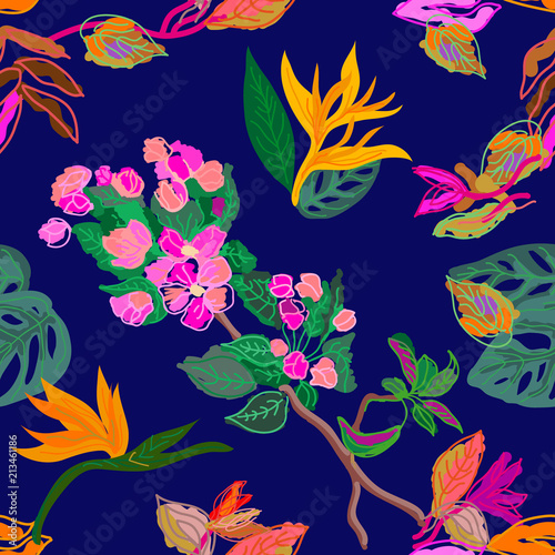 Grunge seamless print with flowers and brances photo