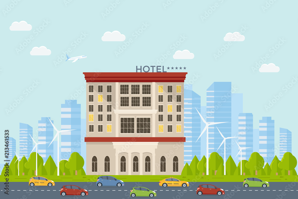 Expensive luxury hotel in the city, flat vector motel building Expensive luxury hotel in the city, flat vector motel building