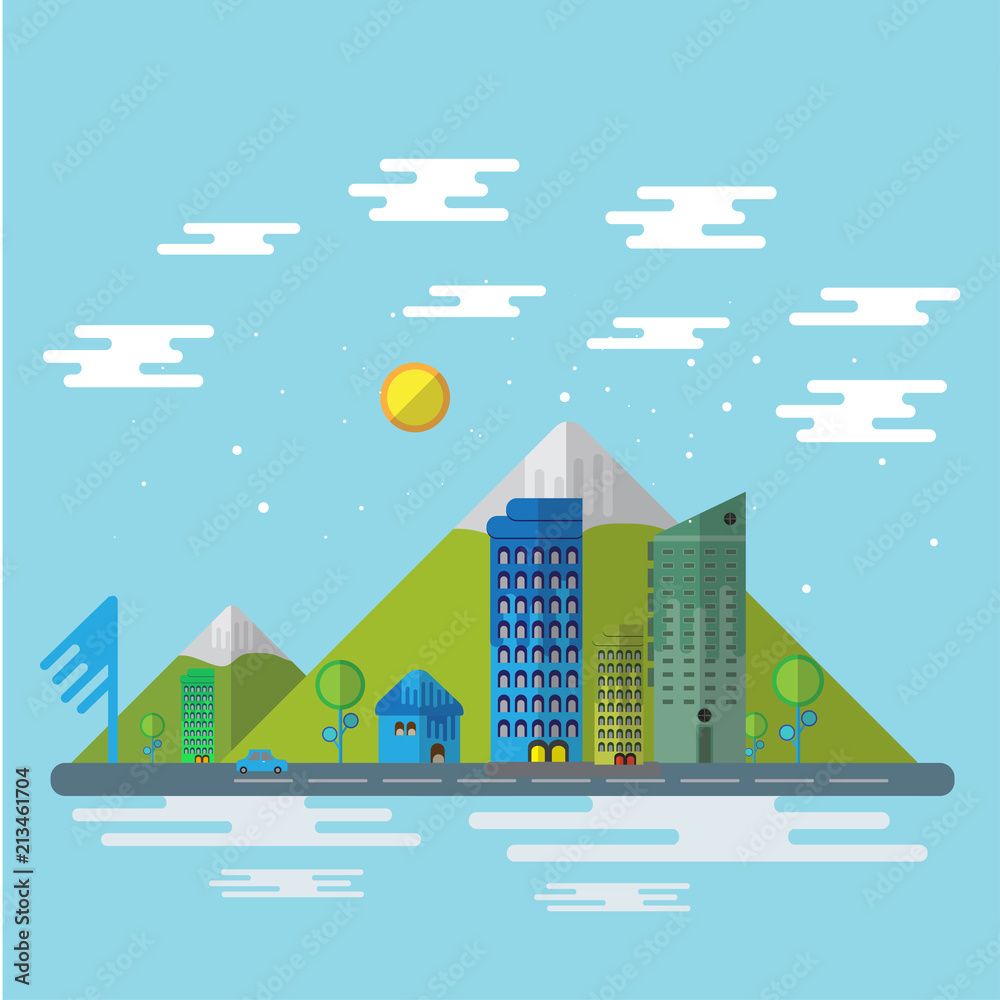 City and nature flat design vector background