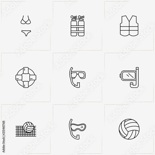 Water Sport line icon set with bikini, diving mask  and diving pipe