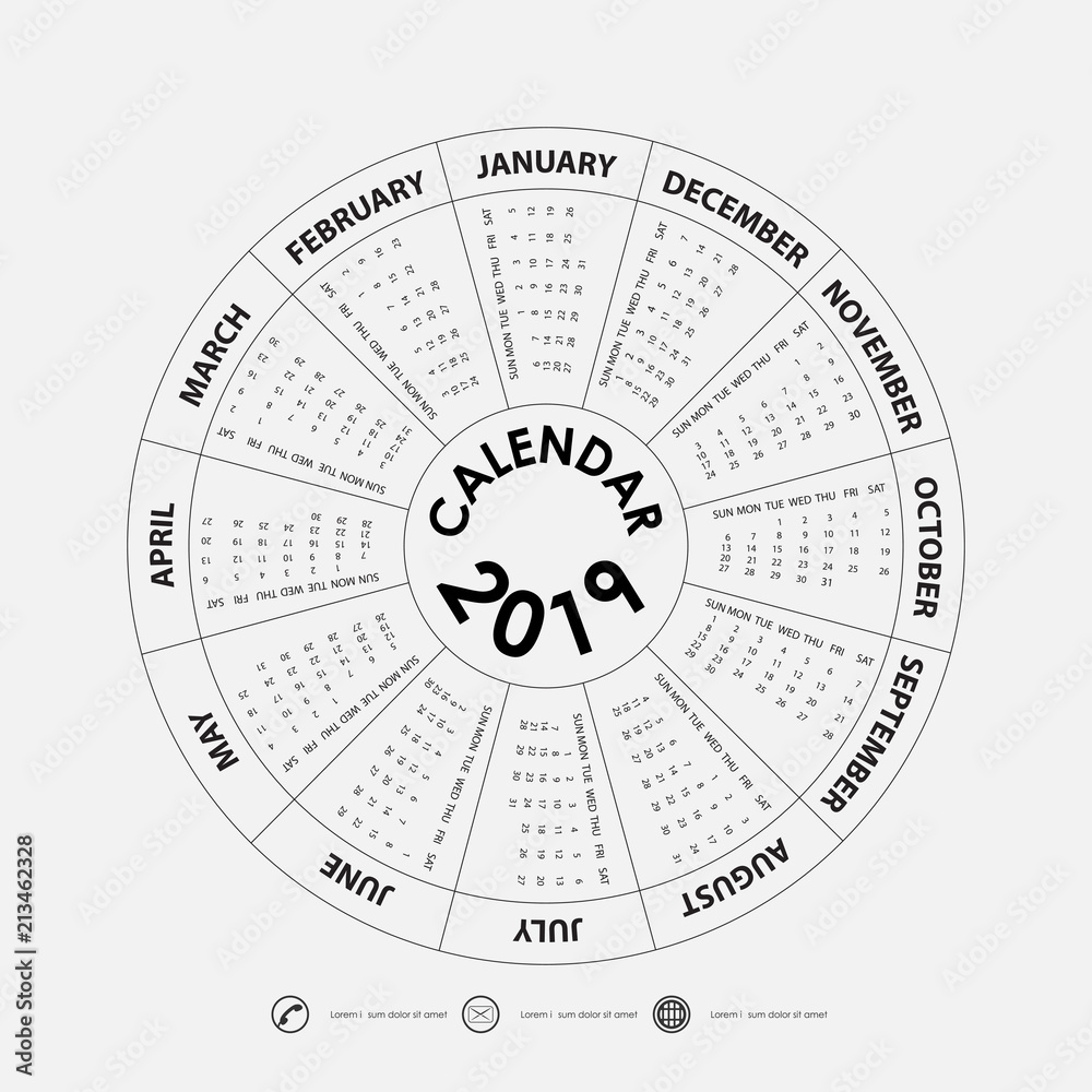 2019 Calendar Template.Circle calendar template.Calendar 2019 Set of 12 Months.Starts from Sunday.Yearly calendar vector design stationery template.Vector illustration. 2019 Calendar Template.Circle calendar template.Calendar 2019 Set of 12 Months.Starts from Sunday.Yearly calendar vector design stationery template.Vector illustration.