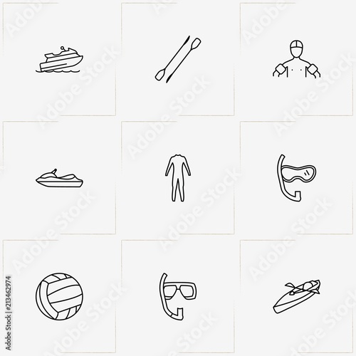 Water Sport line icon set with water scooter, rowing paddle  and diving suit