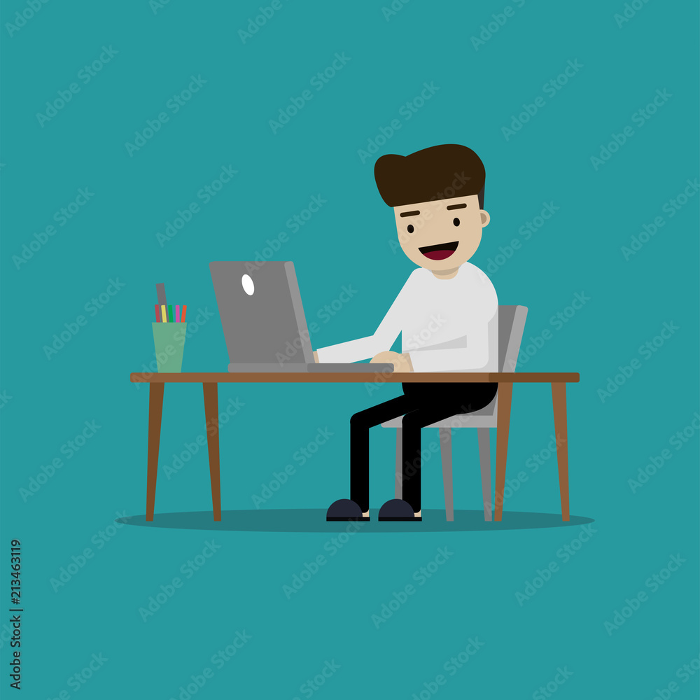 Young Man freelancer working on computer desk and chatting flat character design Young Man freelancer working on computer desk and chatting flat character design