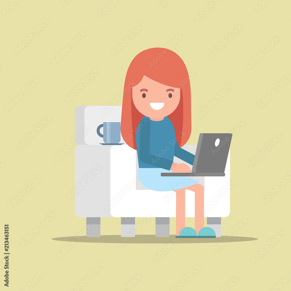 Young woman or girl freelancer working on computer desk and chatting flat character design Young woman or girl freelancer working on computer desk and chatting flat character design