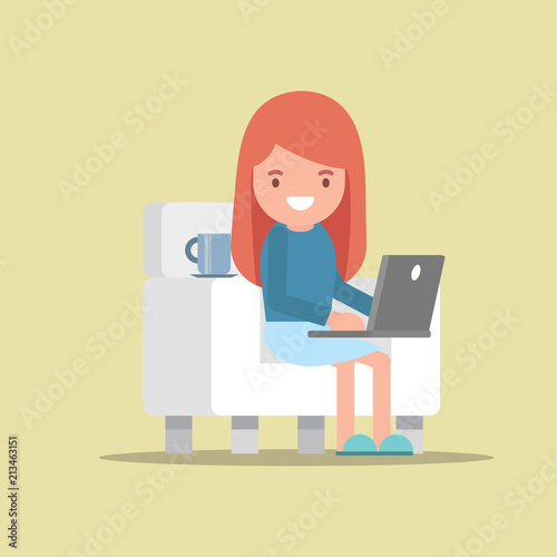 Young woman or girl freelancer working on computer desk and chatting flat character design